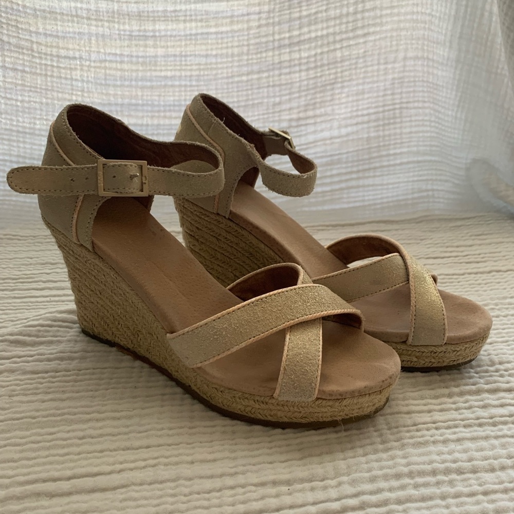 Toms strappy wedge sandal metallic suede neutral